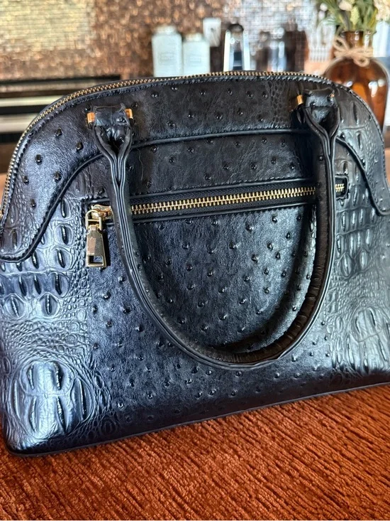 Adrienne Vittadini Embossed Satchel Handbag – Black Ostrich Croc Texture - Picture 3 of 8